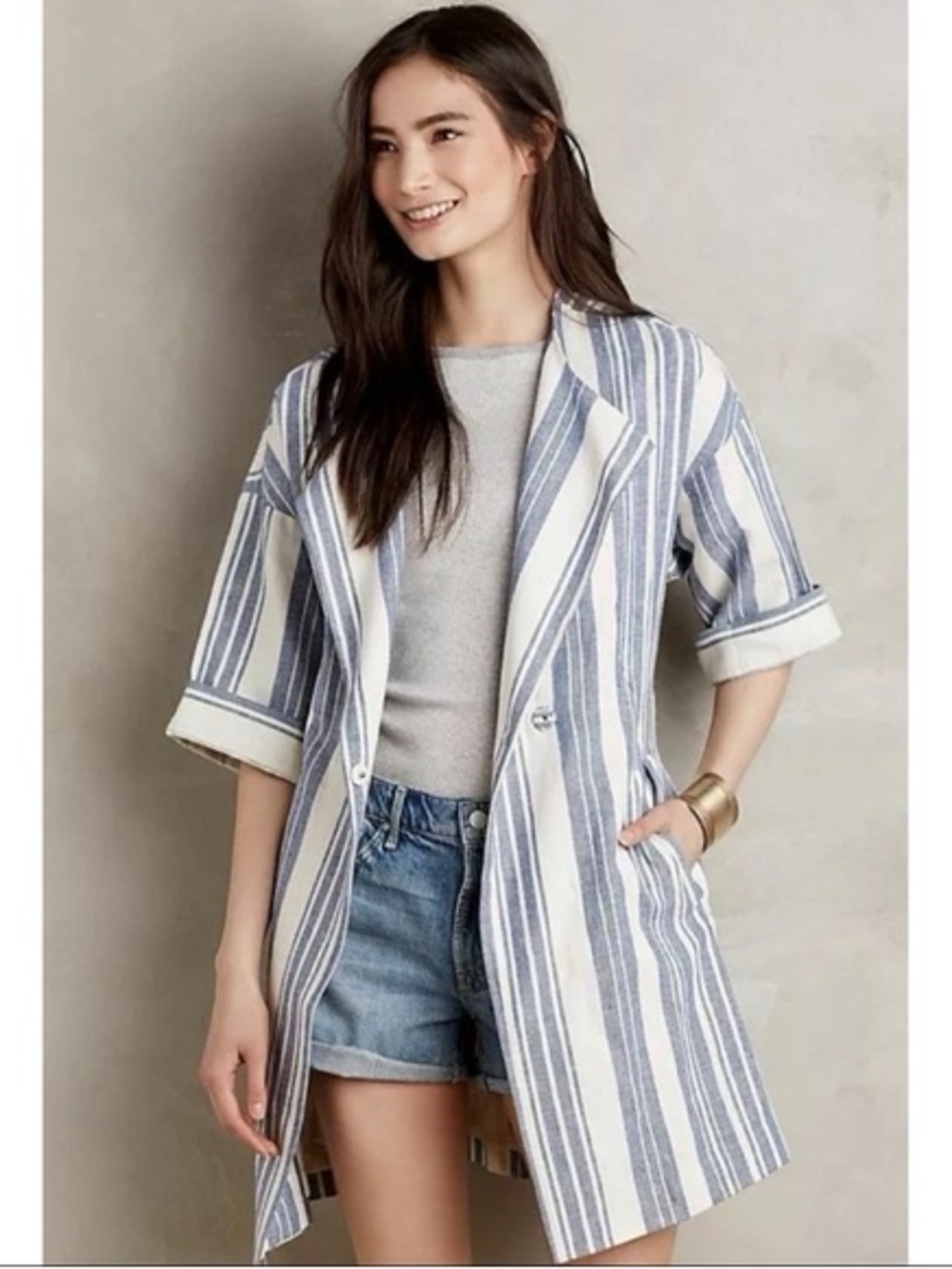 Anthropologie Elevenses North Channel Linen-Cotton Coastal Striped Belted Jacket